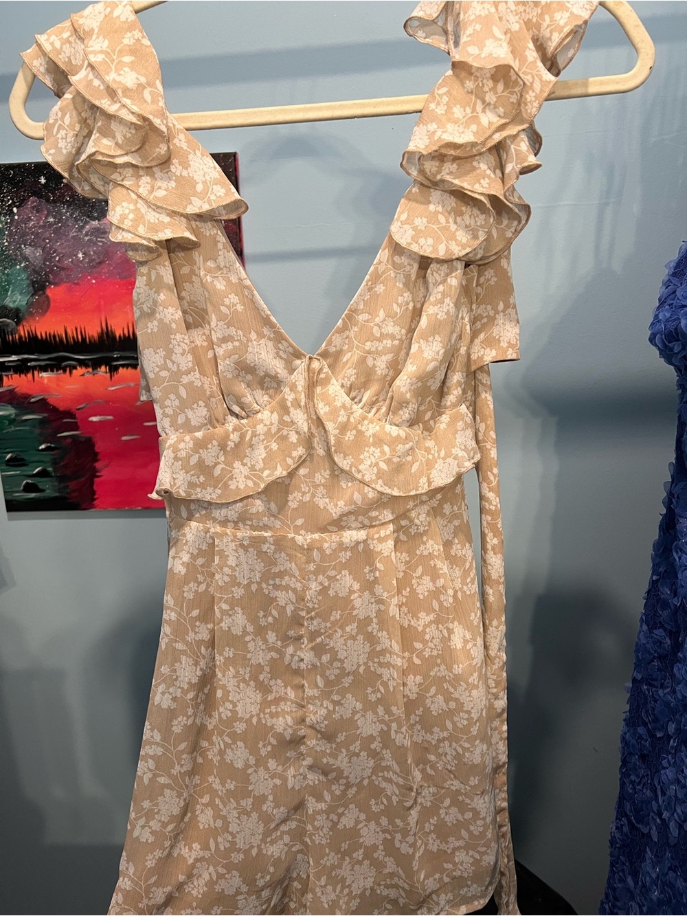 Francesca's Collections light pink Floral Ruffle V-Neck Dress